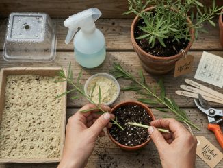 Overhead photo of a home potting bench where hands place a Damiana cutting into