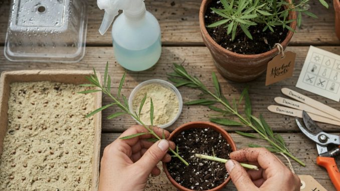 Overhead photo of a home potting bench where hands place a Damiana cutting into