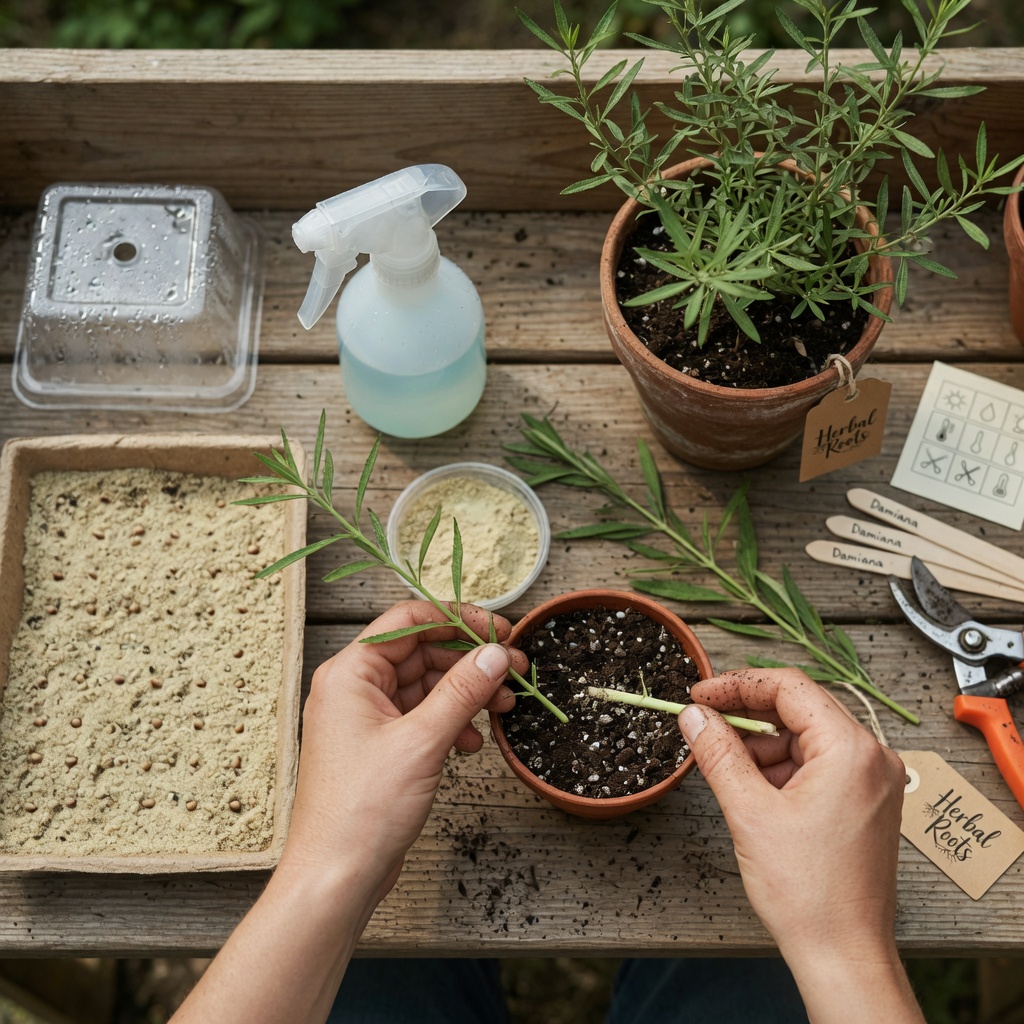 Overhead photo of a home potting bench where hands place a Damiana cutting into