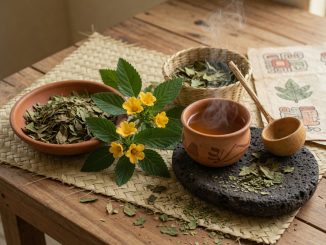 Warm, sunlit photograph of fresh and dried damiana with a steaming clay cup on