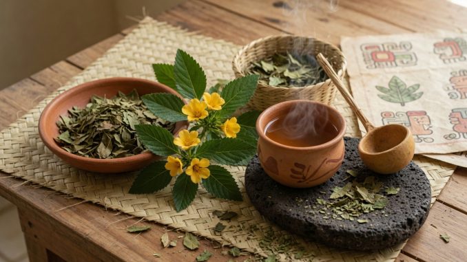 Warm, sunlit photograph of fresh and dried damiana with a steaming clay cup on