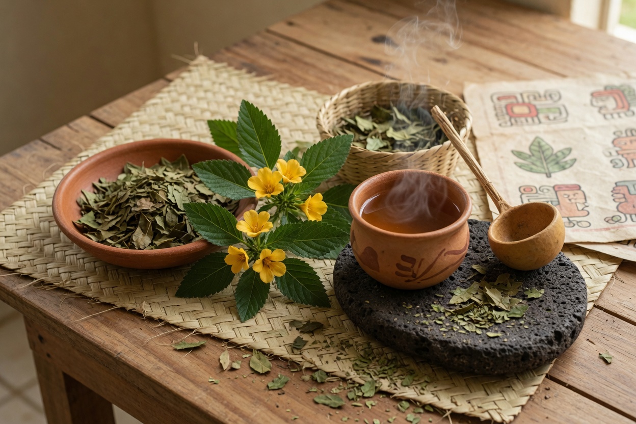 Warm, sunlit photograph of fresh and dried damiana with a steaming clay cup on